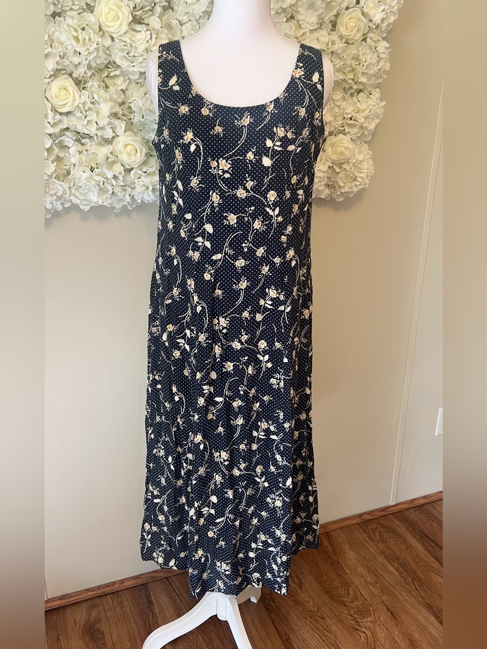 E.D.Michaels Vintage Navy Floral and Cream Polka Dot Maxi Dress
